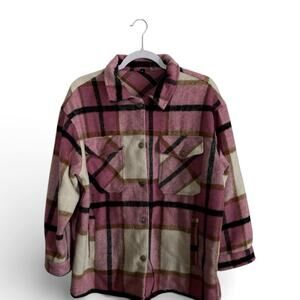 Vangull Women's Shacket Size Small Pink Black Wool Blend Button Up Cozy Soft